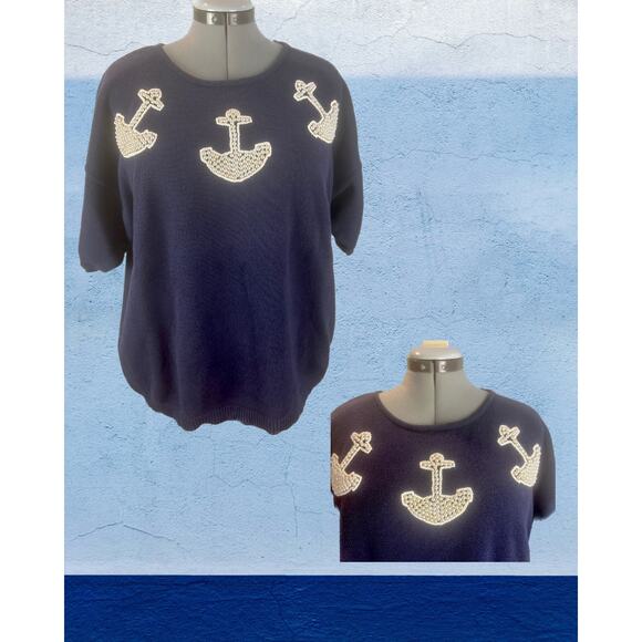 Vintage  80s 90s L'eau Vive Navy Nautical Pearl Anchors Sweater Size L - Picture 1 of 3